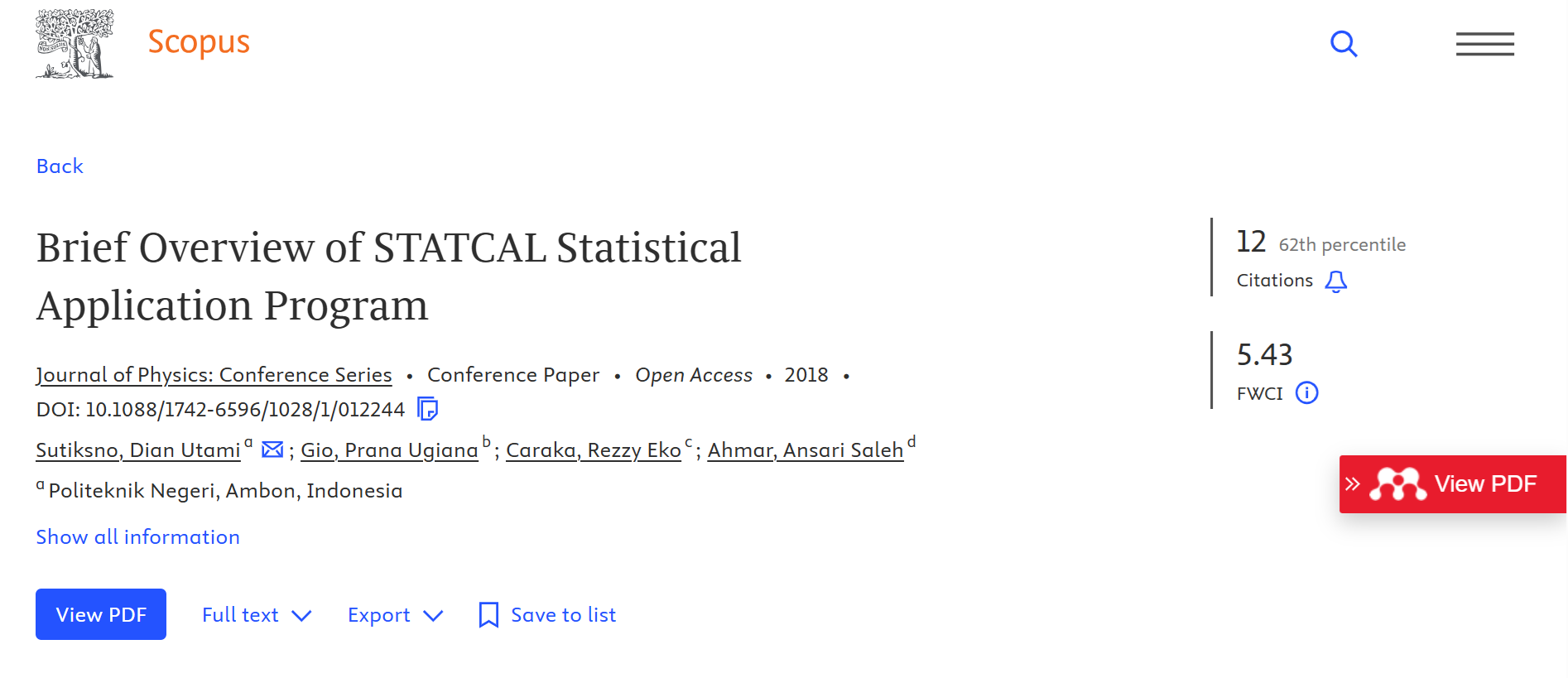 Scopus citation information for Brief Overview of STATCAL Statistical Application Program